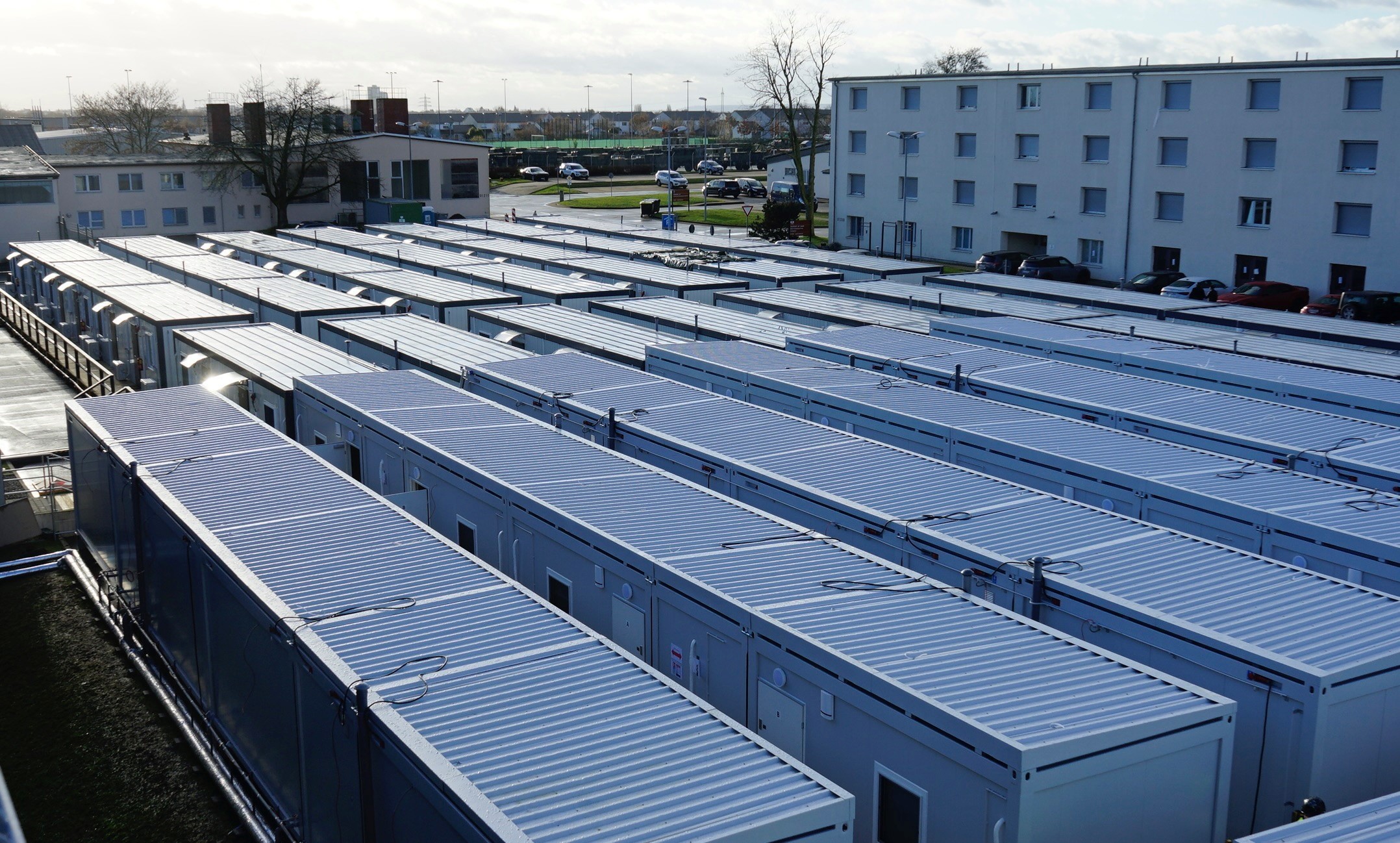 Operational modular accommodation camp with connected buildings and circulation